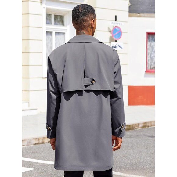💫 Men Grey Mid Long Trench Coat Single Breasted Slim Fit Casual Fall Jackets - Picture 3 of 5